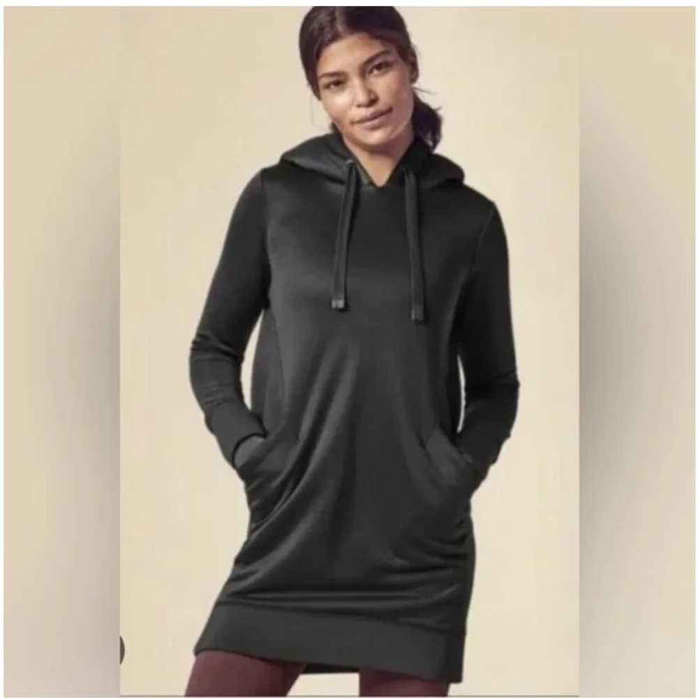 Athleta Black Triumph Luxe Shine fur Hoodie tunic Dress #511532 medium petite